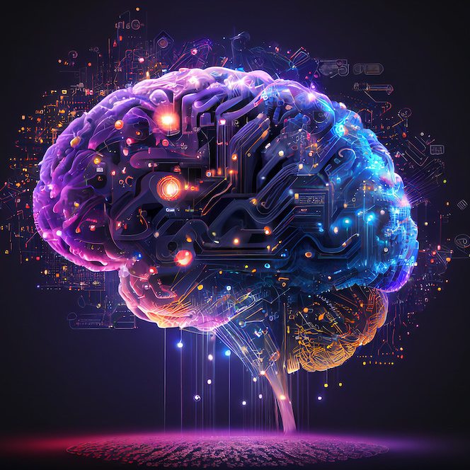 Human brain showing Intelligent thinking processing through the concept of a neural network printed circuit of big data and artificial intelligence, computer Generative AI stock illustration image